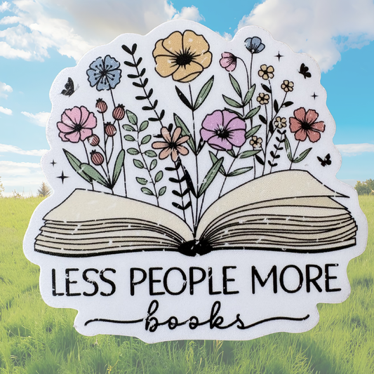 VirtualRuneEvent sticker featuring the "Less People More Books" design with colorful text and illustration on a transparent background.