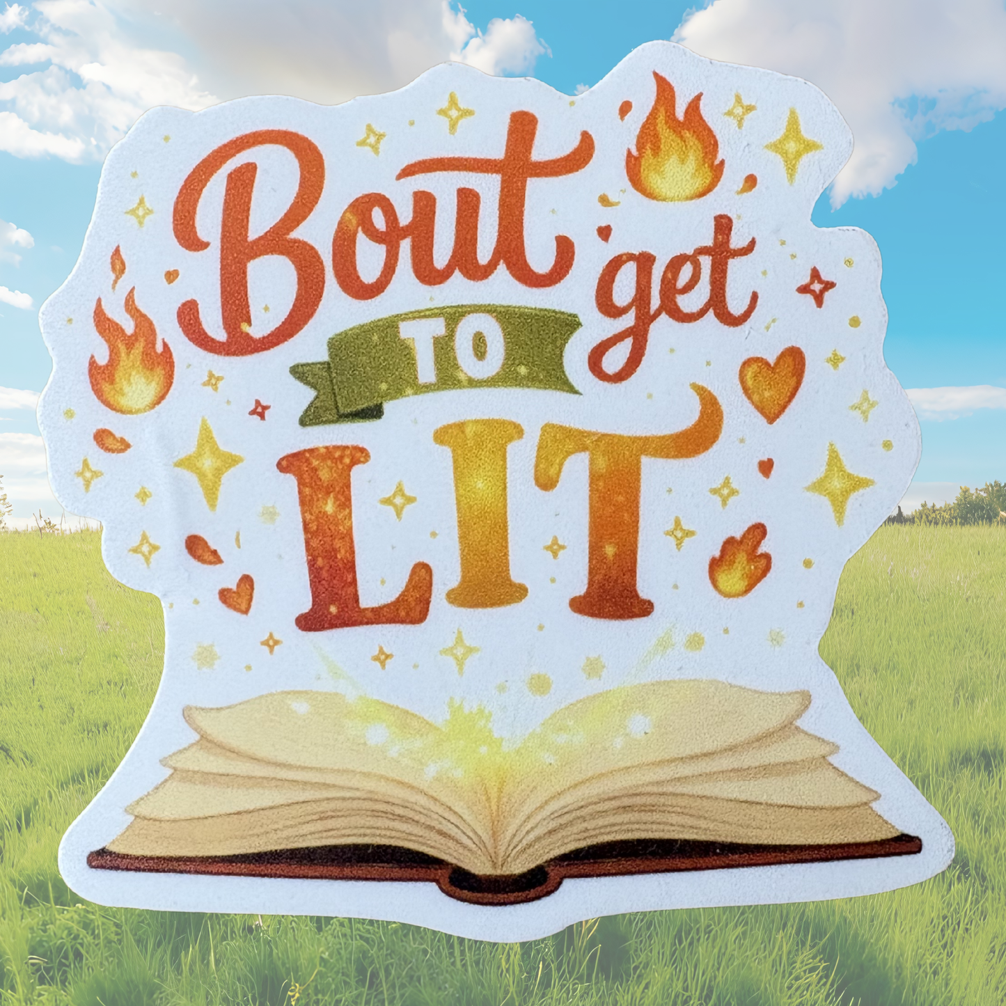 VirtualRuneVent "Bout to Get Lit" sticker with bold text design, perfect for decorating laptops, notebooks, or water bottles.