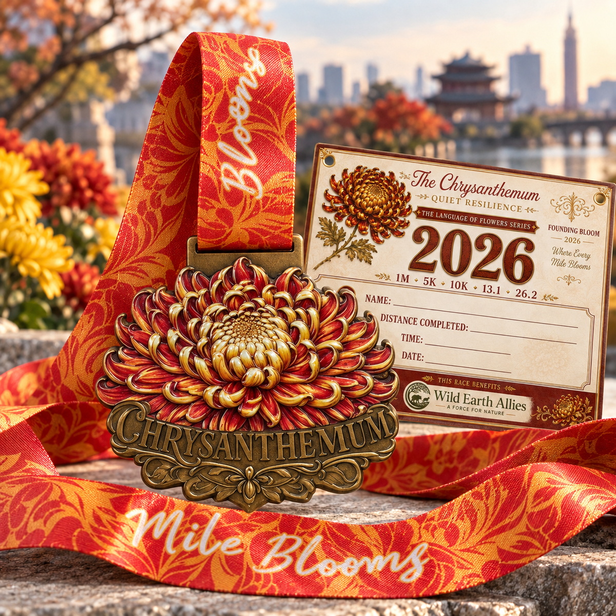 Chrysanthemum Virtual Race logo for 5K, 10K, Half Marathon, and Marathon Flower Challenge by virtualrunevent.