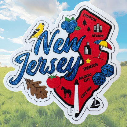 New Jersey medal sticker by virtualrunevent features a colorful design representing the state, ideal for decorating or souvenirs.