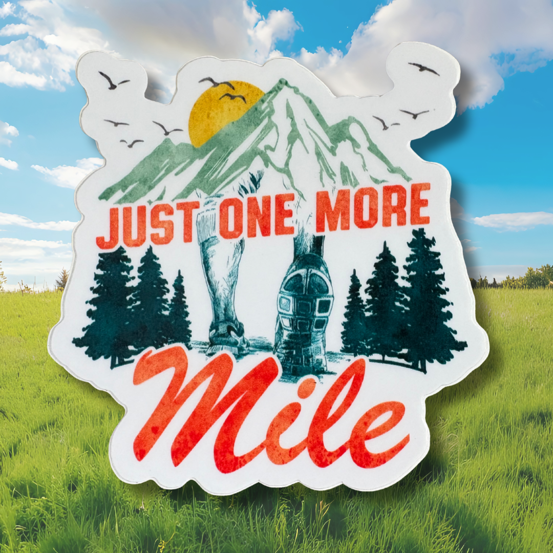 Virtualrunevent "Just One More Mile" sticker featuring bold text on a colorful background, perfect for decorating notebooks or laptops.