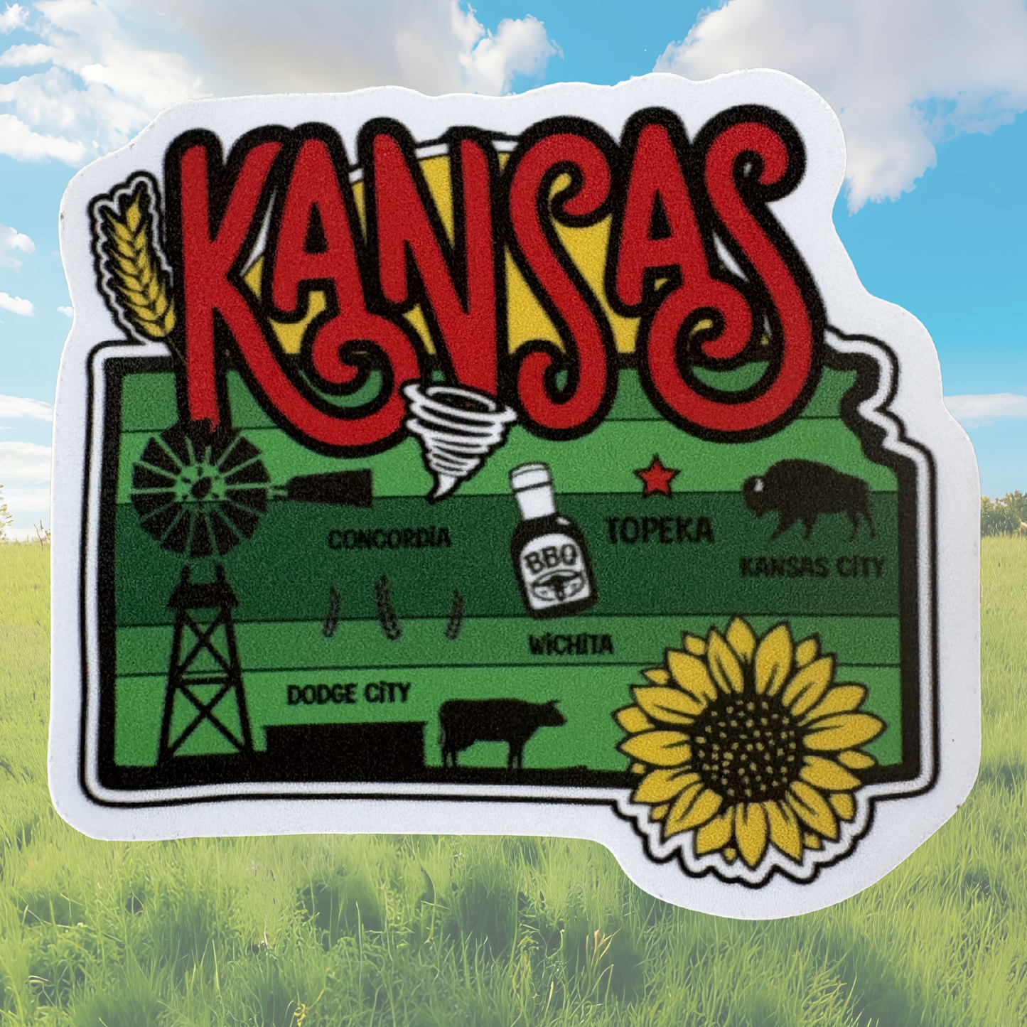 Kansas medal sticker from VirtualRunEvent featuring a colorful Kansas state design with bold lettering and decorative elements.