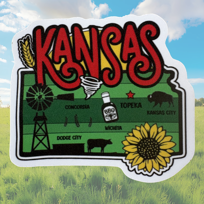 Kansas medal sticker from VirtualRunEvent featuring a colorful Kansas state design with bold lettering and decorative elements.