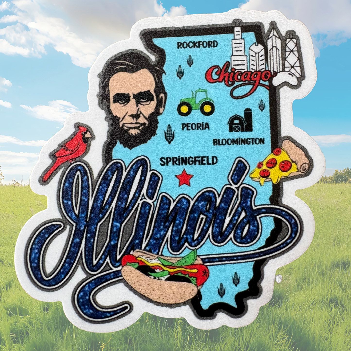 Illinois medal sticker featuring the VirtualRunEvent logo and a bold Illinois state design on a white background.