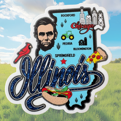Illinois medal sticker featuring the VirtualRunEvent logo and a bold Illinois state design on a white background.