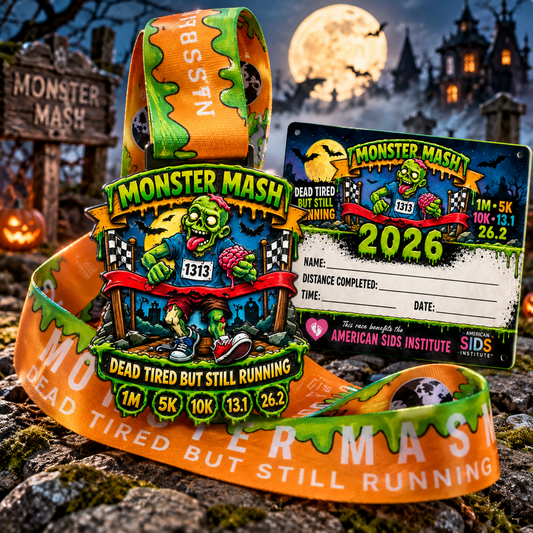 Monster Mash Virtual Race 2026 medal featuring a colorful design with event branding for 1M, 5K, 10K, Half Marathon, and Marathon.
