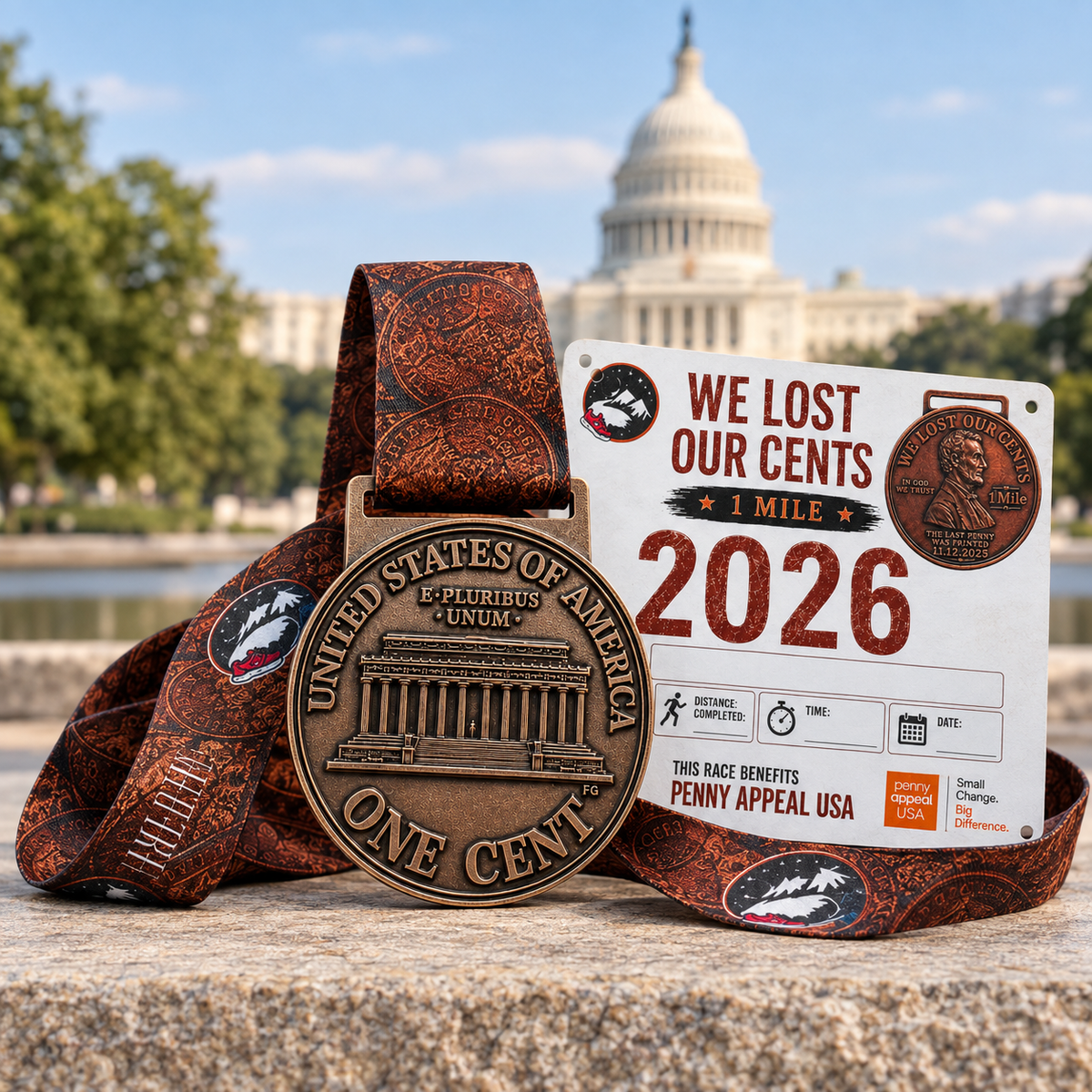 Virtualrunevent We Lost Our Cents 1 Mile virtual race medal featuring a penny design for the 2026 Penny Run event.