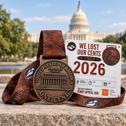 Virtualrunevent We Lost Our Cents 1 Mile virtual race medal featuring a penny design for the 2026 Penny Run event.