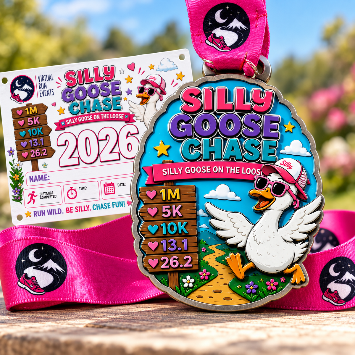 Virtualrunevent Silly Goose Chase medal for 1M, 5K, 10K, half, and full marathon virtual race event.