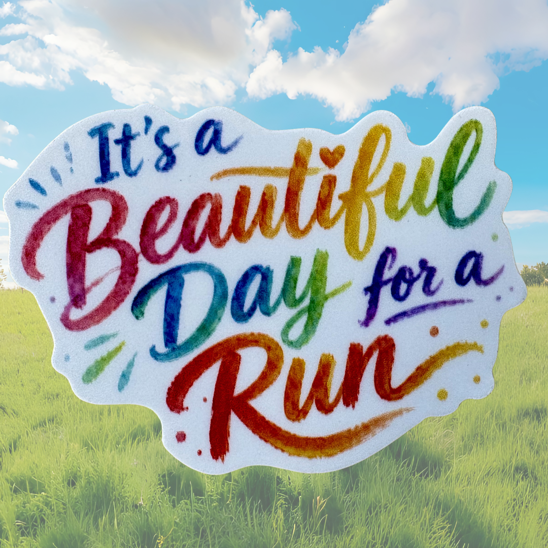 Virtualrunevent "Beautiful Day for a Run" medal sticker featuring vibrant colors and a running-themed design.