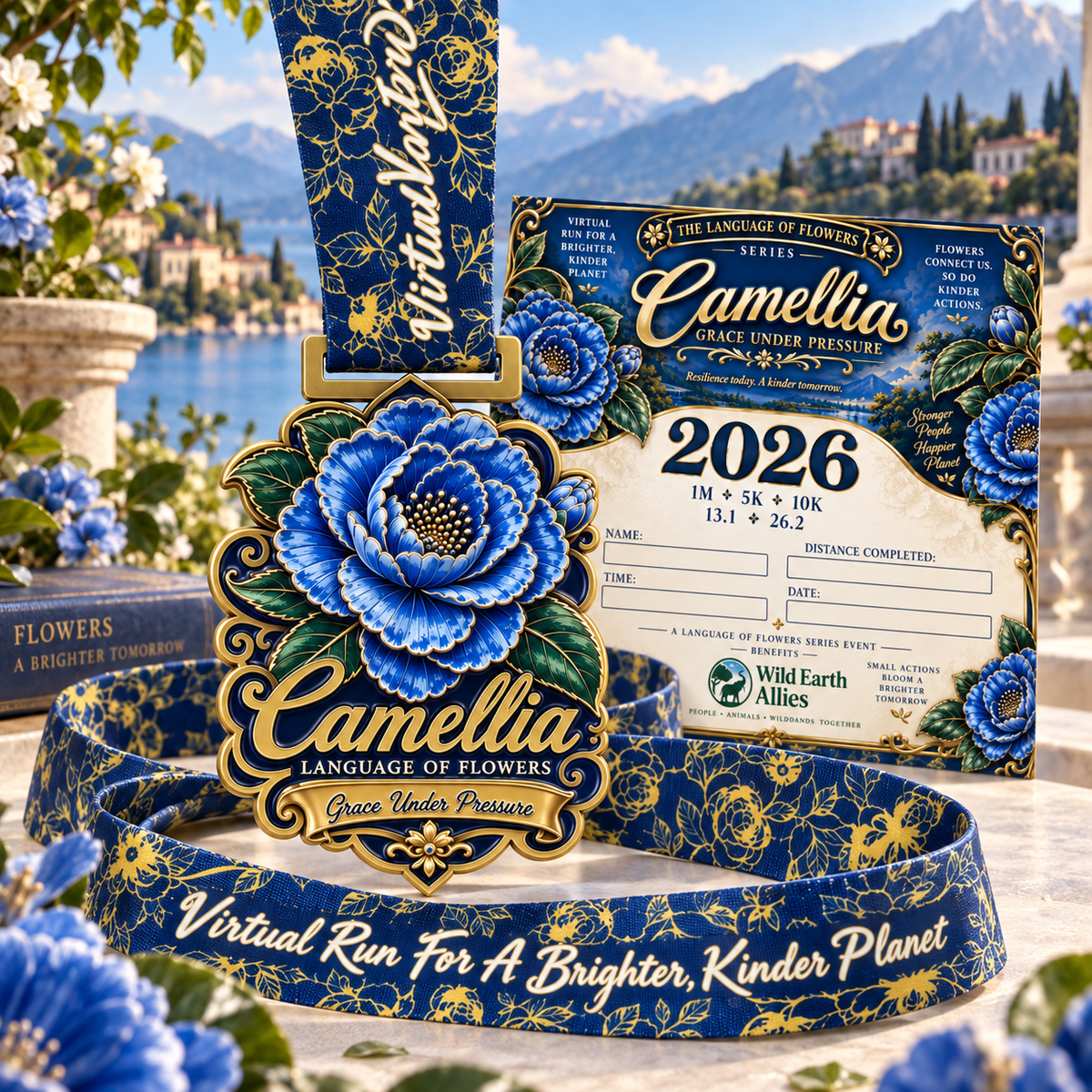 Camellia Virtual Race 2026 logo on a digital screen, featuring race distances like 1M, 5K, and 10K for virtual running events.
