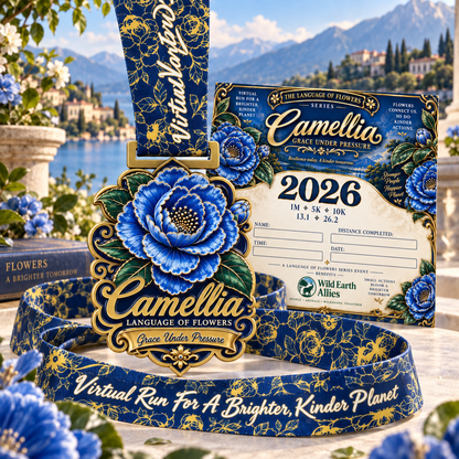 Camellia Virtual Race 2026 logo on a digital screen, featuring race distances like 1M, 5K, and 10K for virtual running events.