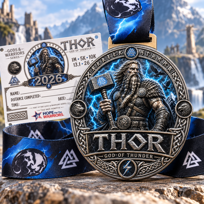 Norse mythology Thor Virtual Race medal with hammer design for 5K, 10K, half marathon, and marathon event by virtualrunevent