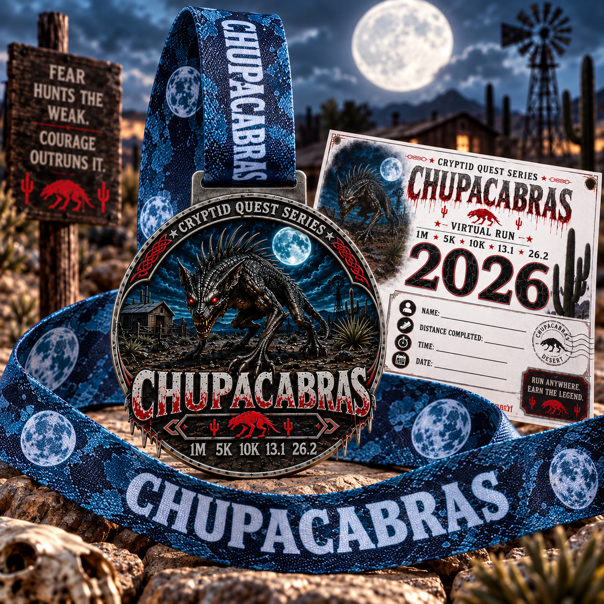 Chupacabras Virtual Race 2026 medal from Cryptid Quest Series, featuring a detailed design for 1M, 5K, 10K, half marathon, and marathon.