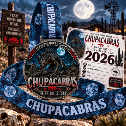 Chupacabras Virtual Race 2026 medal from Cryptid Quest Series, featuring a detailed design for 1M, 5K, 10K, half marathon, and marathon.