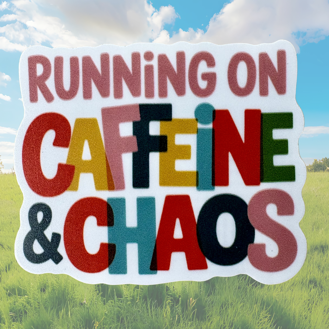 Medal sticker featuring "Running on Caffeine and Chaos" from VirtualRunEvent, with a colorful design and motivational theme.