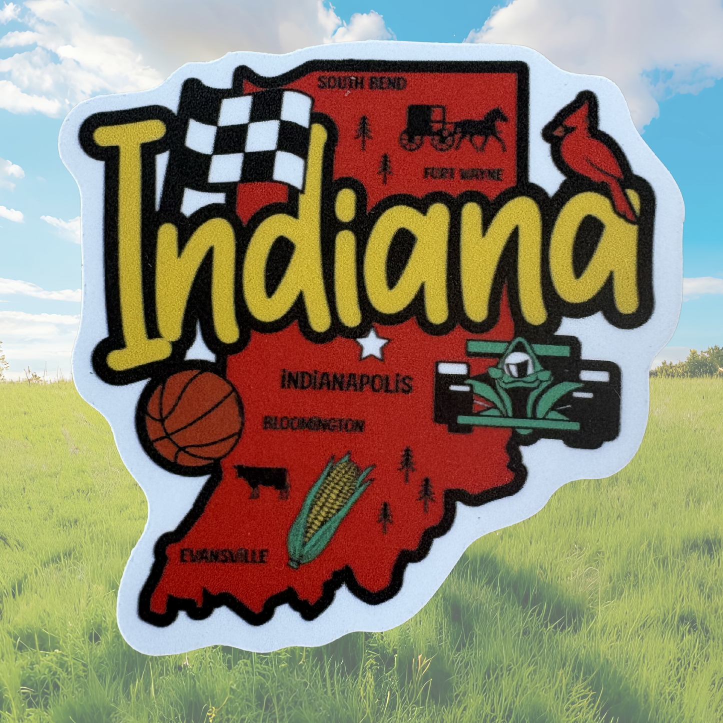 Indiana medal sticker from virtualrunevent featuring a colorful Indiana-themed design on a round adhesive sticker