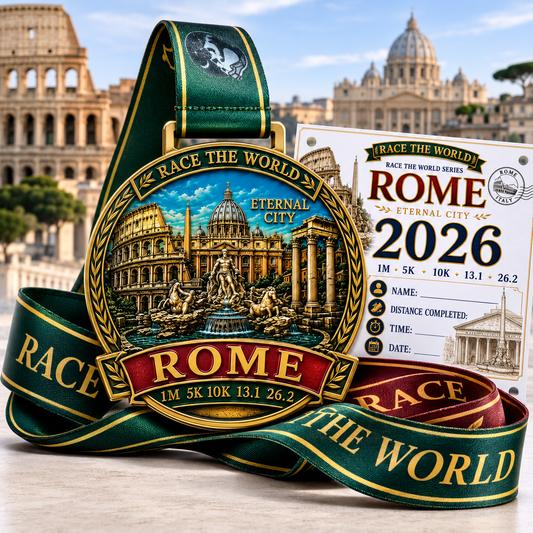 Rome Virtual Race medal for 5K, 10K, half marathon, and marathon travel challenge by virtualrunevent featuring iconic Roman imagery.