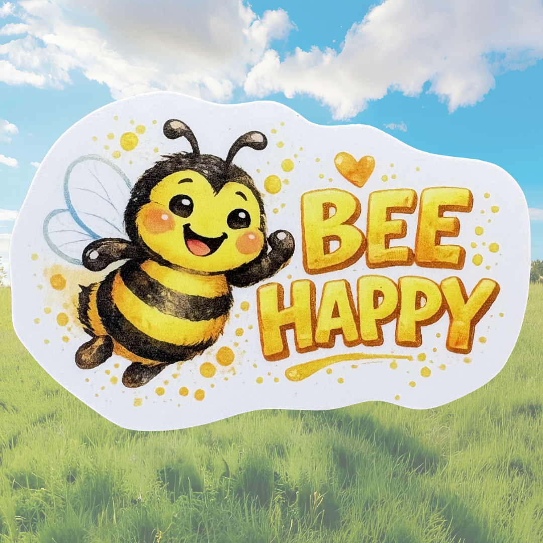 VirtualRuneEvent Bee Happy medal sticker featuring a cheerful bee design on a round medal with vibrant colors.