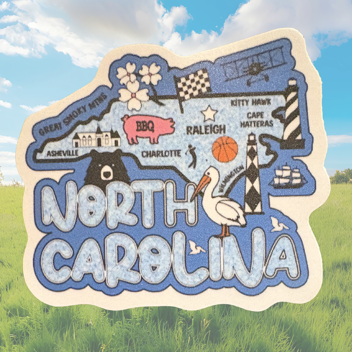 North Carolina medal sticker by virtualrunevent featuring a colorful state map and design, ideal for decorating or commemorating events.