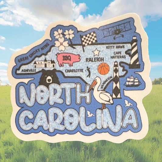 North Carolina medal sticker by virtualrunevent featuring a colorful state map and design, ideal for decorating or commemorating events.