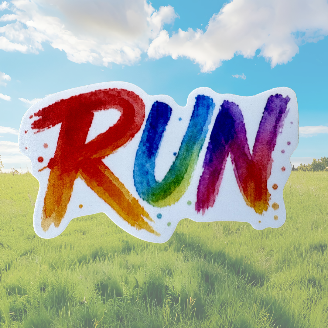 Colorful "RUN" medal sticker from VirtualRunEvent featuring vibrant design on a circular medal with a ribbon.