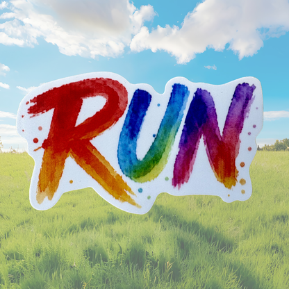 Colorful "RUN" medal sticker from VirtualRunEvent featuring vibrant design on a circular medal with a ribbon.