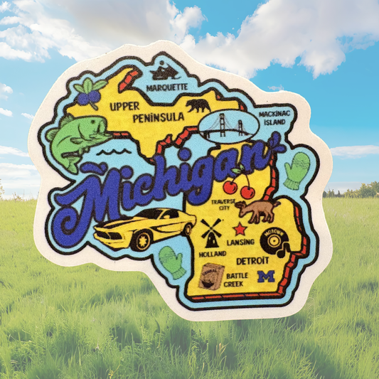 VirtualRuneEvent Michigan medal sticker featuring a colorful Michigan map design with the VirtualRuneEvent branding.