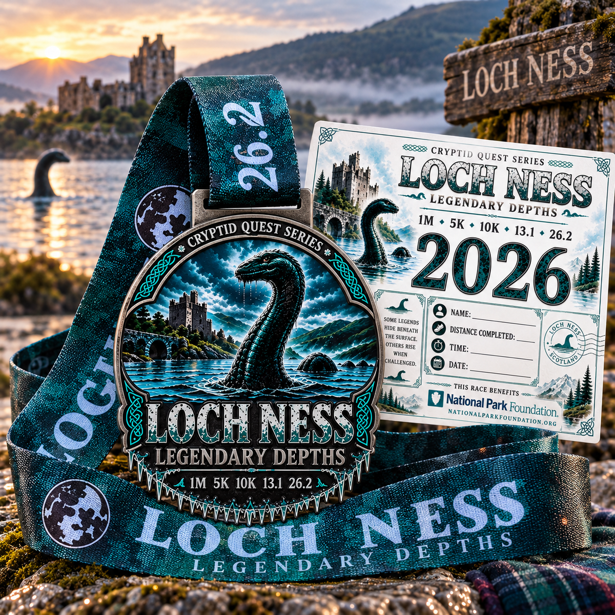 Loch Ness Legendary Depths virtual race medal from Cryptid Quest Series, featuring a detailed design of Loch Ness monster and cryptid symbols