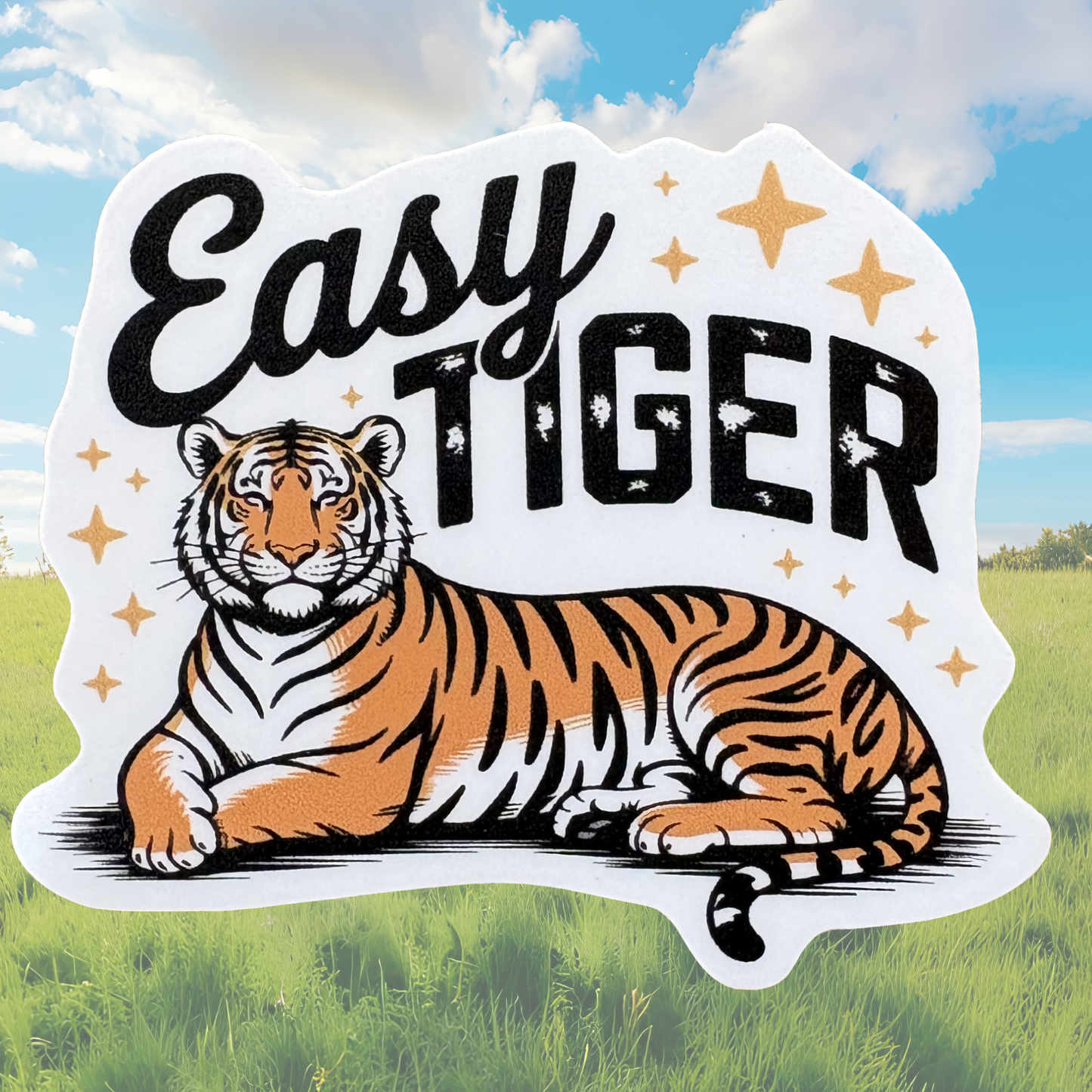 VirtualRuneEvent Easy Tiger medal sticker with bold black text on a colorful background, perfect for awards or decorations.