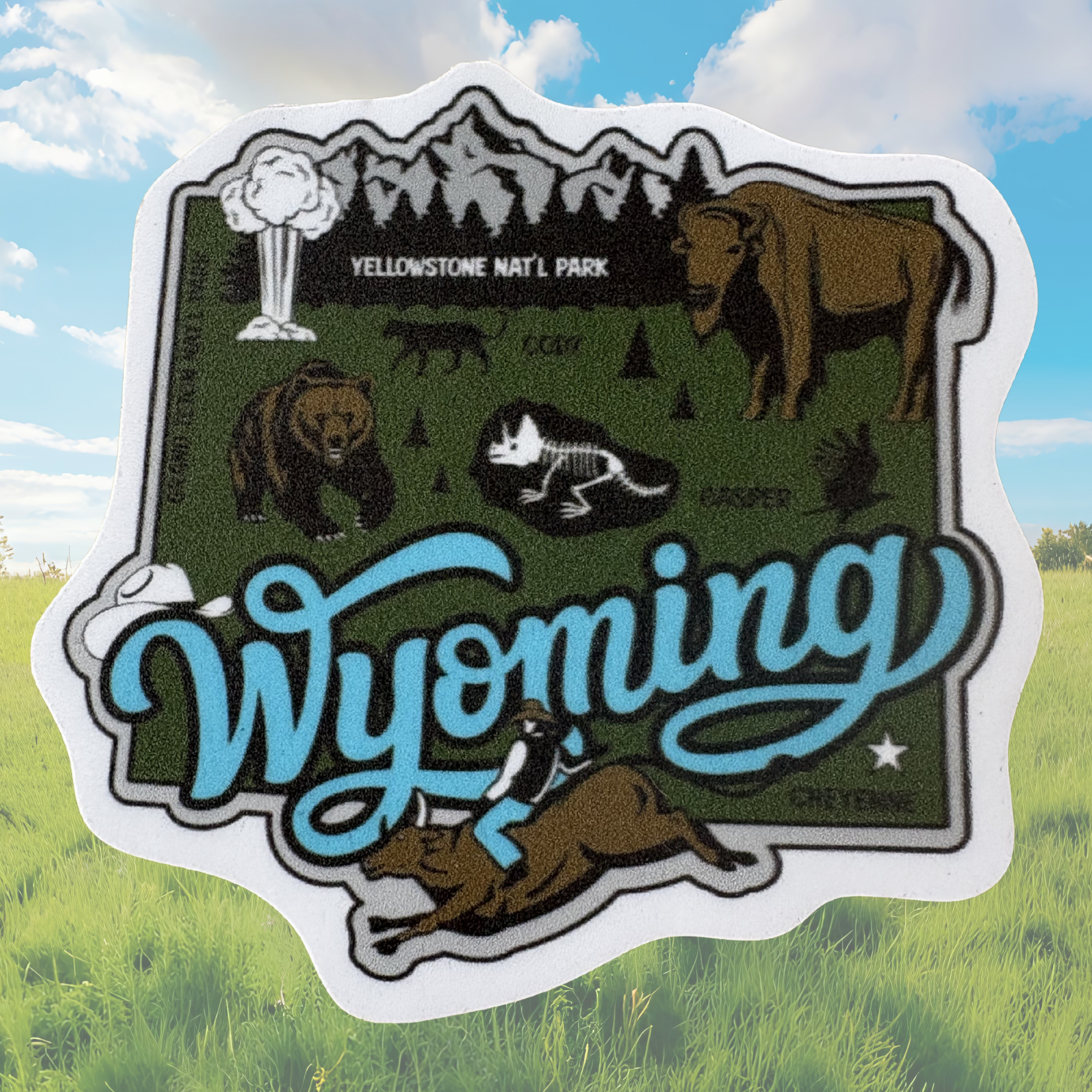 Wyoming medal sticker from virtualrunevent featuring a colorful design of Wyoming's state outline and iconic symbols.
