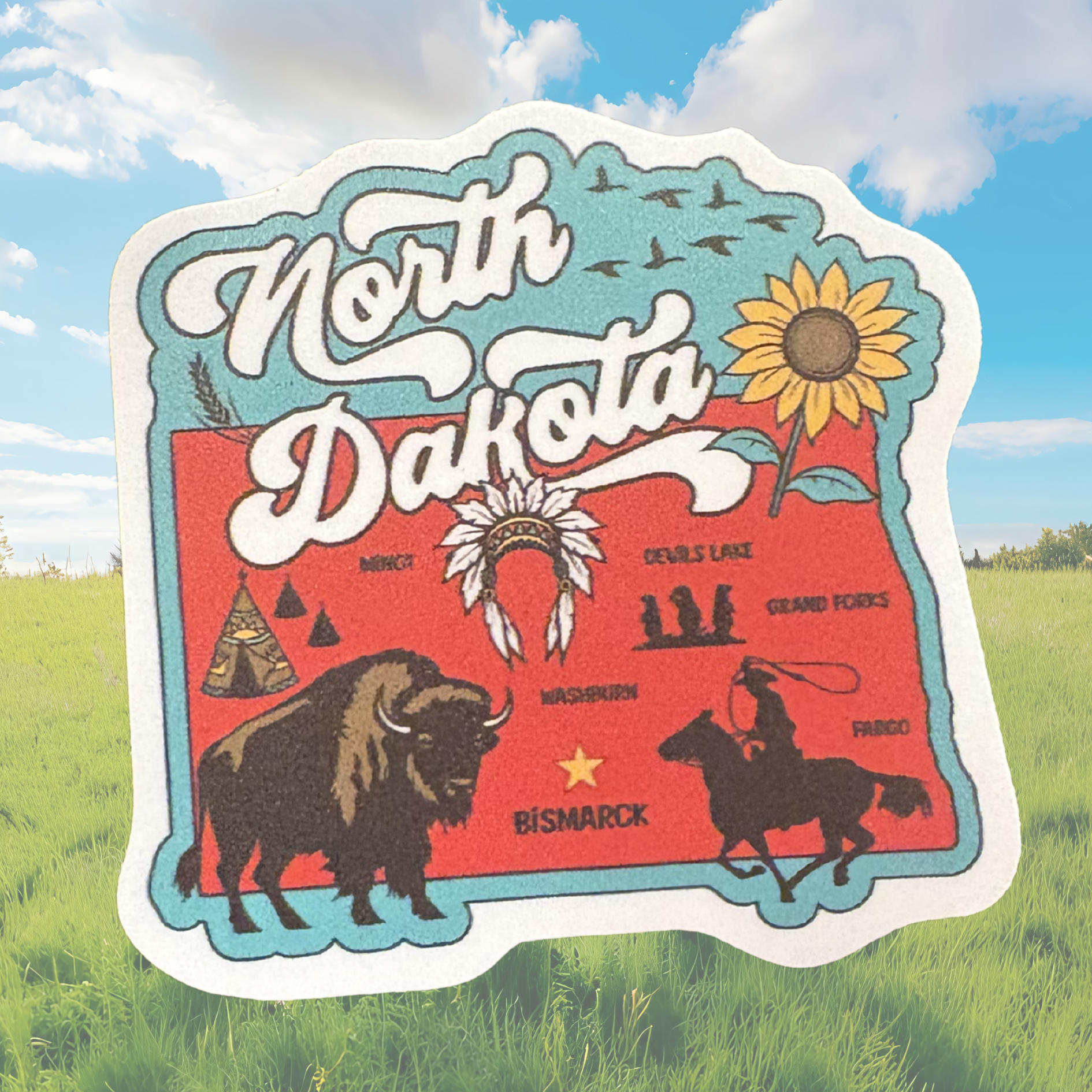 North Dakota medal sticker by virtualrunevent with state design and vibrant colors for decorative or collectible use.