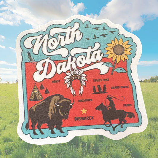 North Dakota medal sticker by virtualrunevent with state design and vibrant colors for decorative or collectible use.