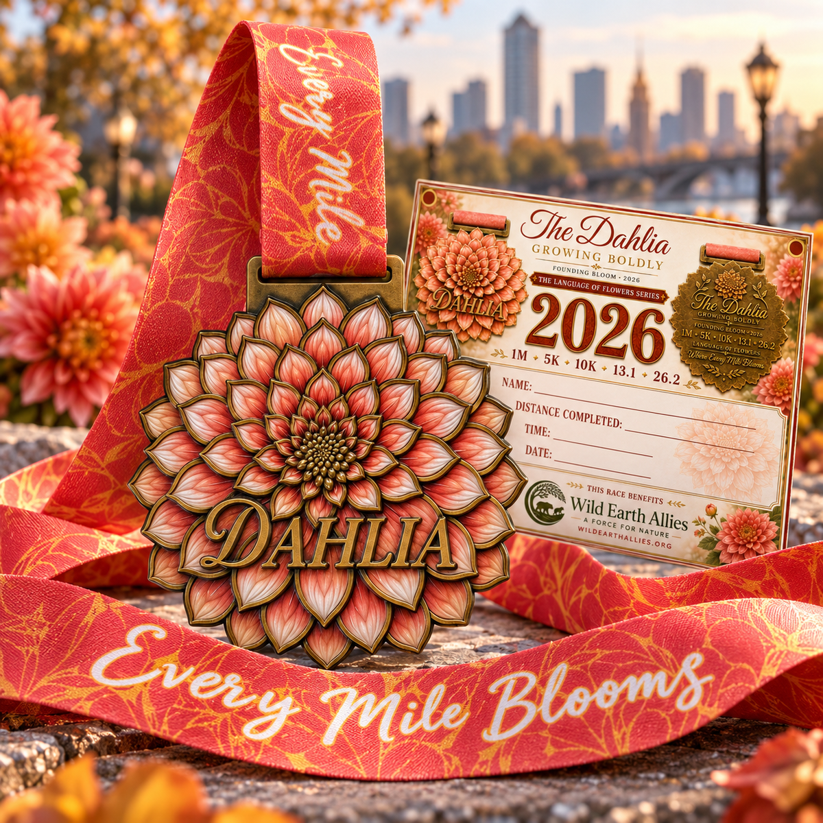 Dahlia Virtual Race flower challenge medal featuring vibrant dahlia flower design for 5K, 10K, half marathon, and marathon events.