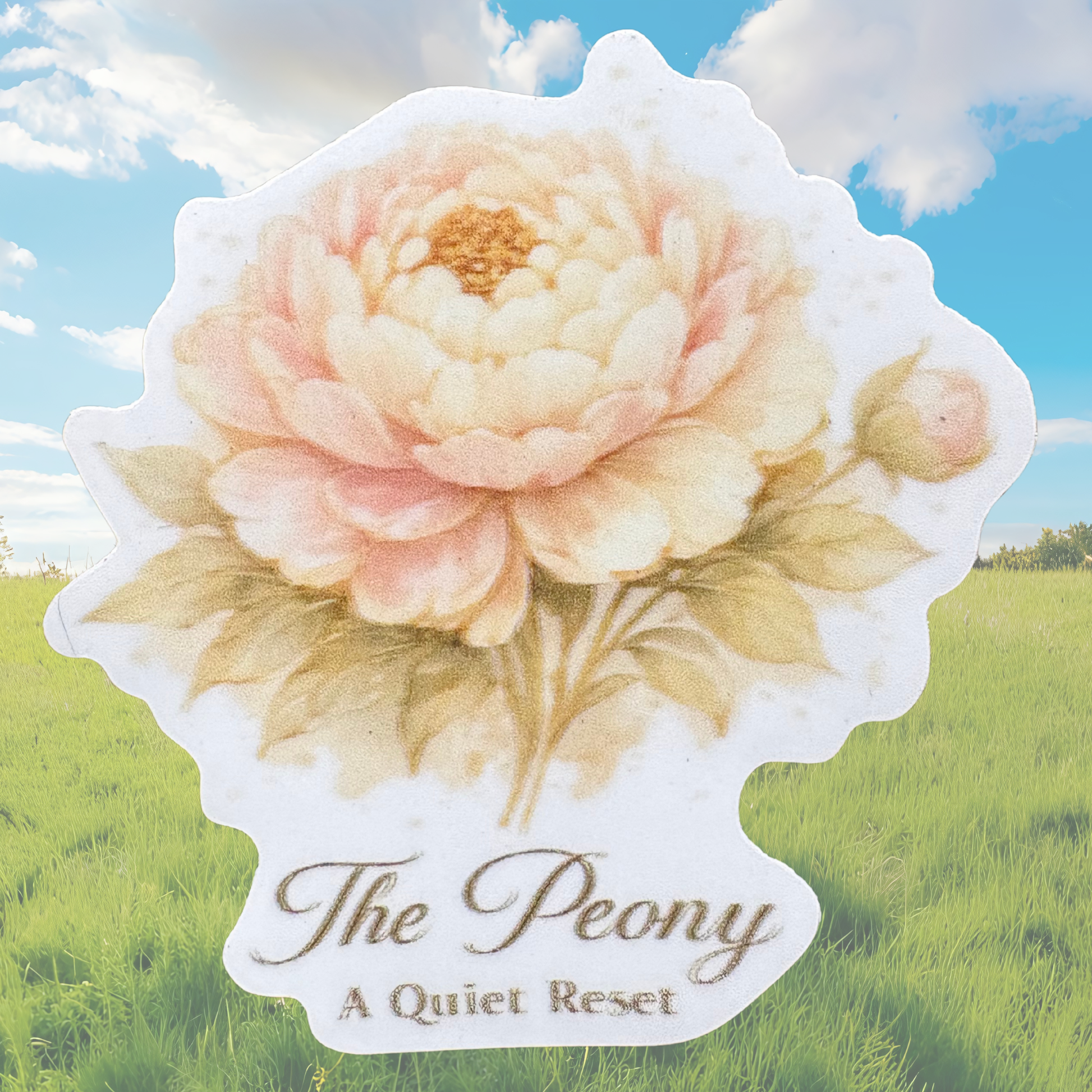 Virtual Rune Event Peony medal sticker featuring a detailed pink peony flower illustration on a round badge
