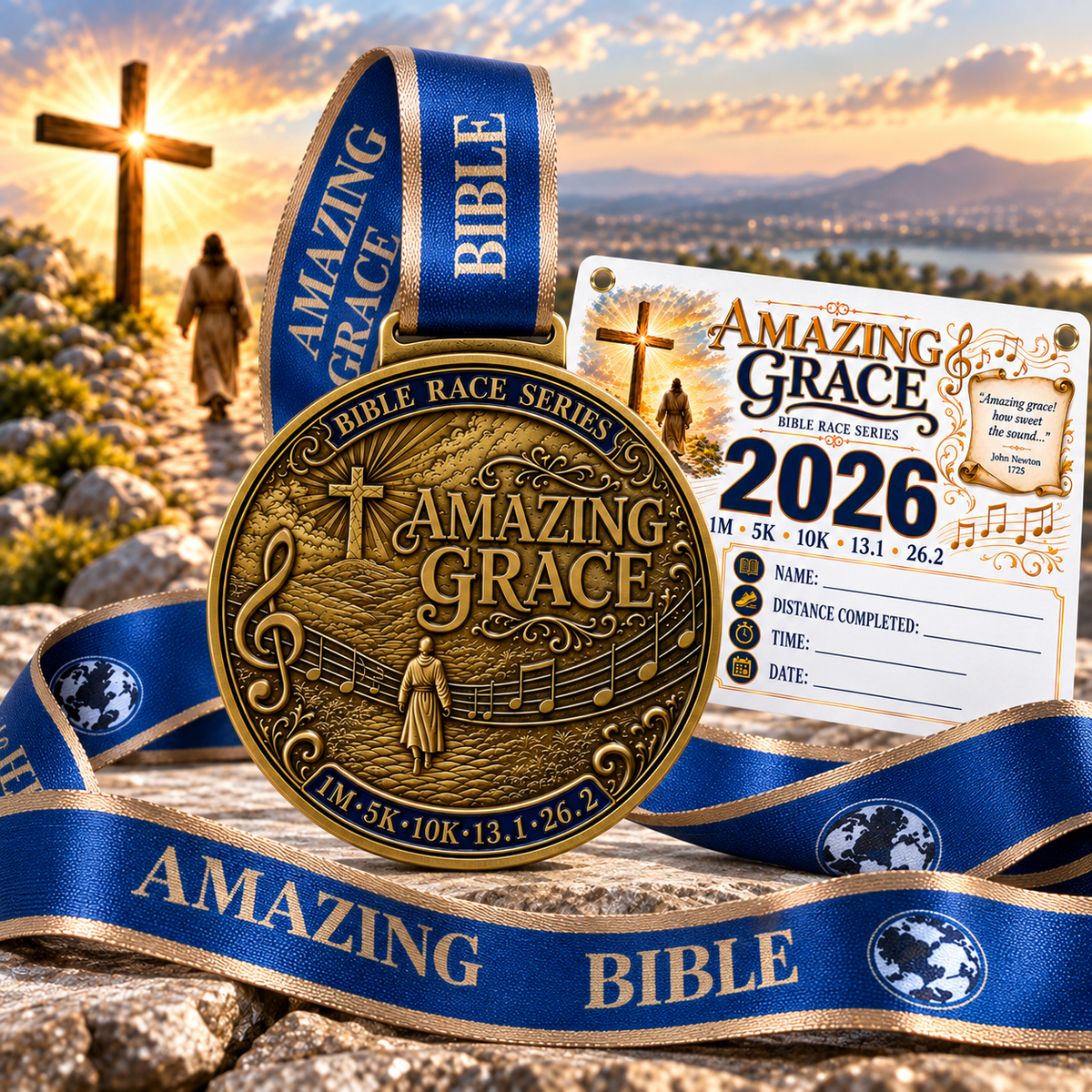 Christian-themed Amazing Grace Virtual Race medal by virtualrunevent, featuring intricate design and race details for 5K, half marathon, and marathon.