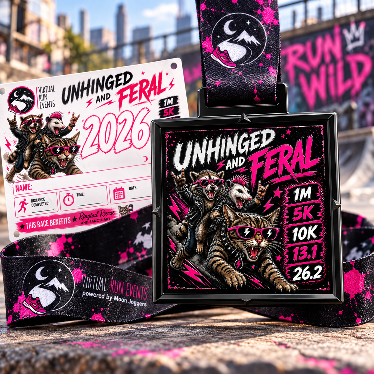Raccoon-themed medal for the Unhinged and Feral Virtual Race featuring distances from 1M to marathon, by virtualrunevent.