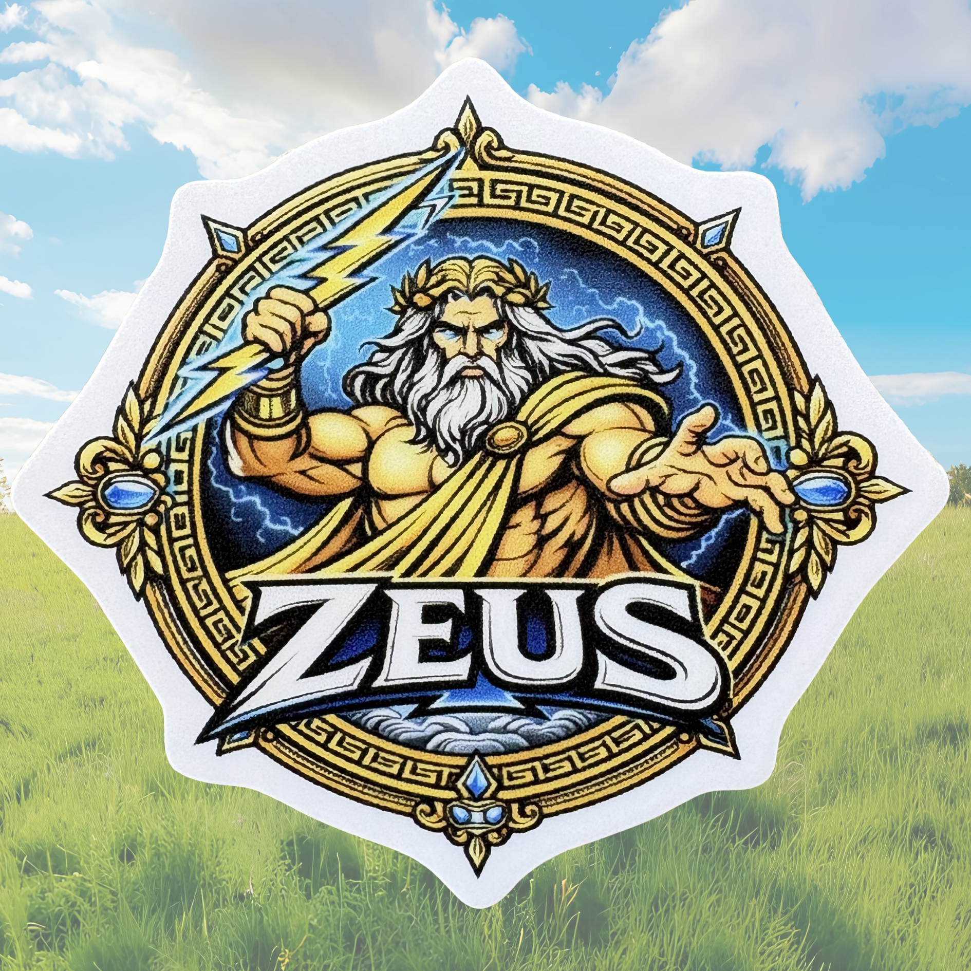 VirtualRuneEvent Zeus medal sticker featuring a detailed design of the Greek god Zeus on a circular badge.