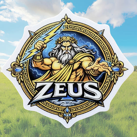 VirtualRuneEvent Zeus medal sticker featuring a detailed design of the Greek god Zeus on a circular badge.