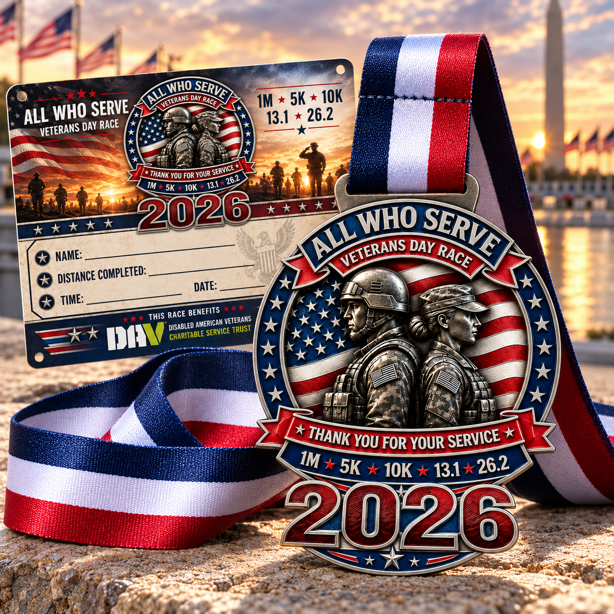 Veterans Day Virtual Race 2026 medal by virtualrunevent, featuring patriotic design for 1M, 5K, 10K, Half Marathon, and Marathon.