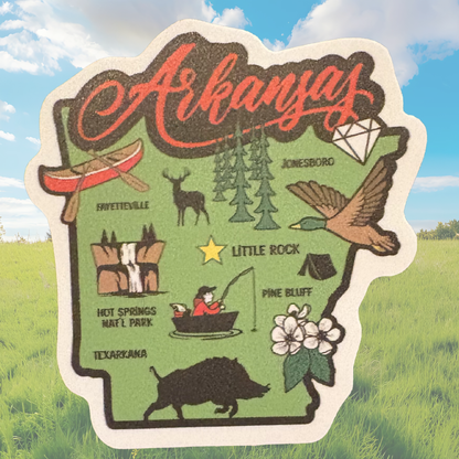 Medal sticker featuring Arkansas state design by virtualrunevent, with vibrant colors and detailed state outline.