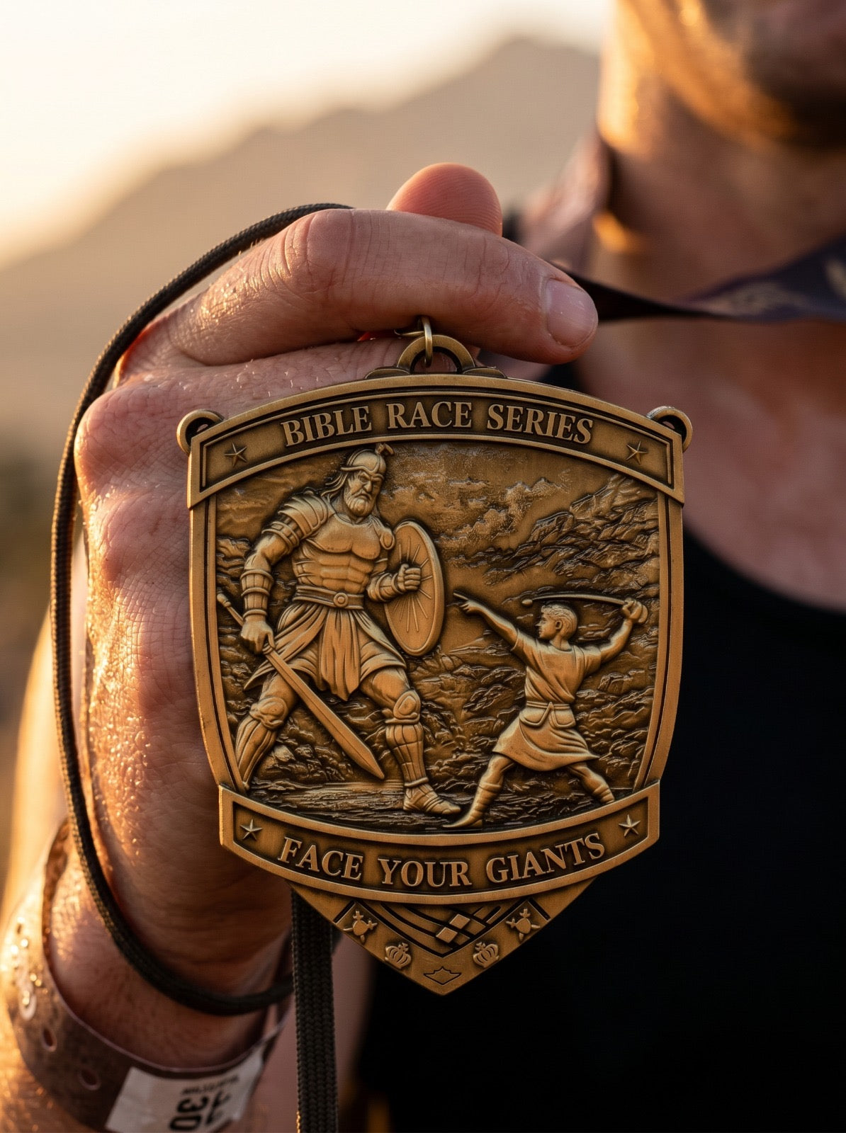 Christian virtual run medal for Face Your Giants Race 2026, featuring a detailed design and motivational imagery from virtualrunevent.