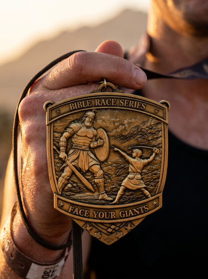 Christian virtual run medal for Face Your Giants Race 2026, featuring a detailed design and motivational imagery from virtualrunevent.