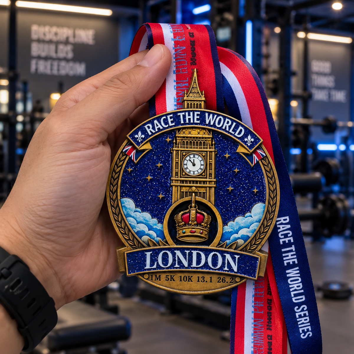 Hand holding the London Virtual Race medal for 5K, 10K, Half Marathon, and Marathon travel challenge by virtualrunevent.
