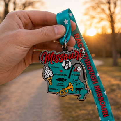 Virtualrunevent Missouri Race medal held in hand, featuring a colorful design for 5K, 10K, half marathon, and 50-mile challenges.