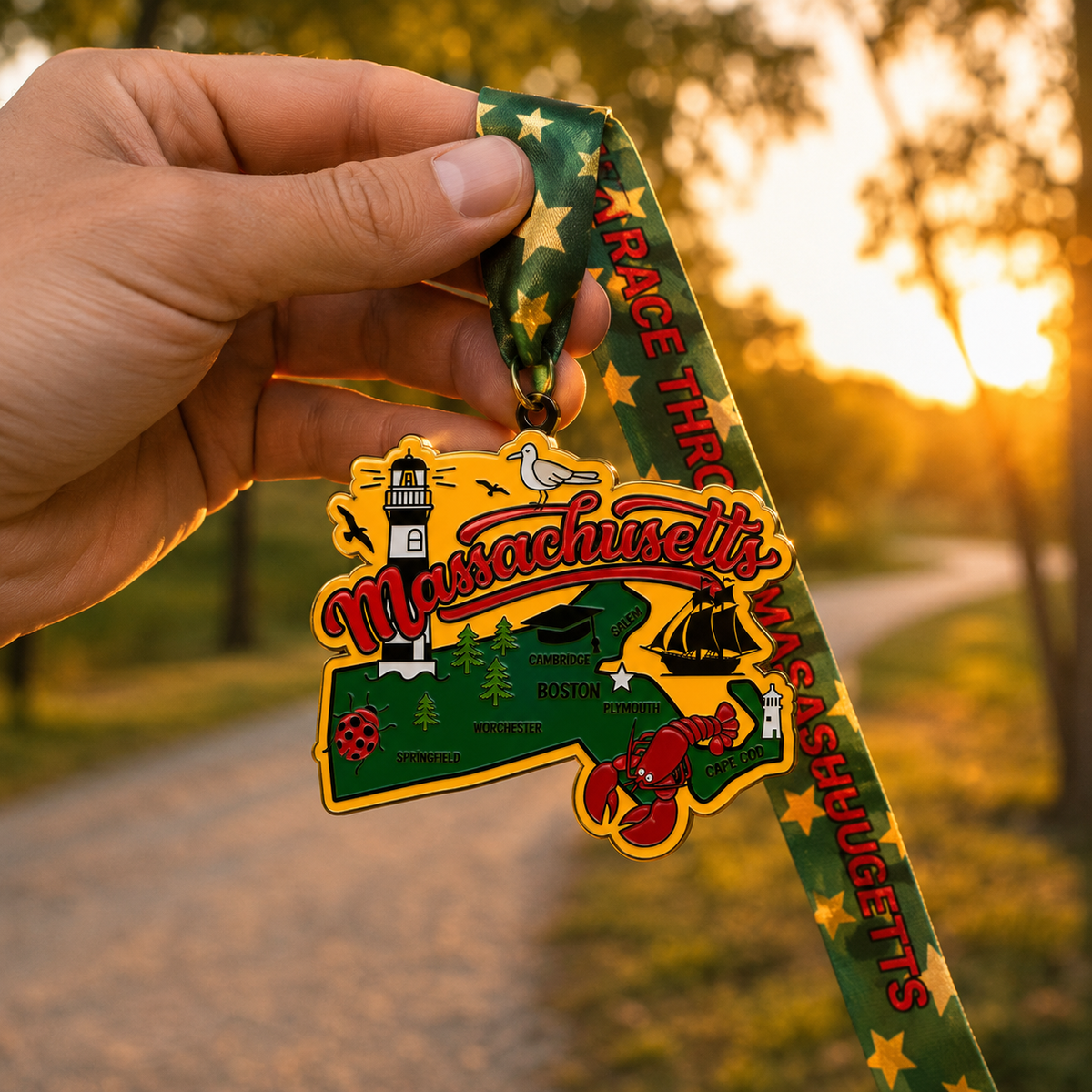 Virtualrunevent Massachusetts race medal and bib held in hand, featuring event name and design details for 1M, 5K, 10K, 13.1, 26.2 distances.
