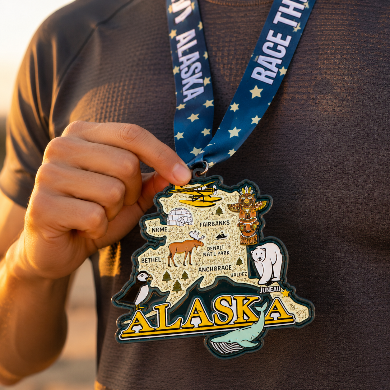 Hand holding Alaska-themed virtual race medal for 5K, 10K, half marathon, marathon, or 50-mile run by virtualrunevent.