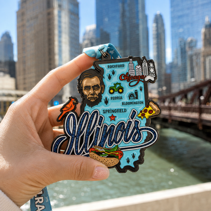Virtualrunevent Illinois virtual race medal held in hand, features a design commemorating 5K, 10K, Half Marathon, and 50 Mile Challenge.