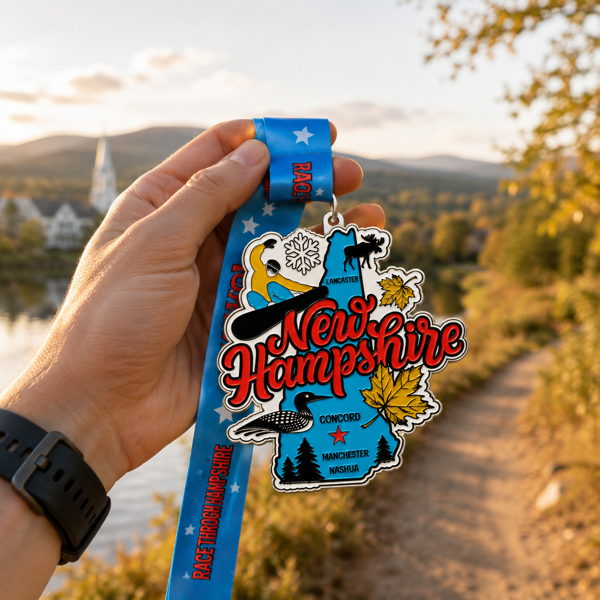 Hand holding a VirtualRunEvent New Hampshire race medal for 1M, 5K, 10K, 13.1, and 26.2 distances with bib.