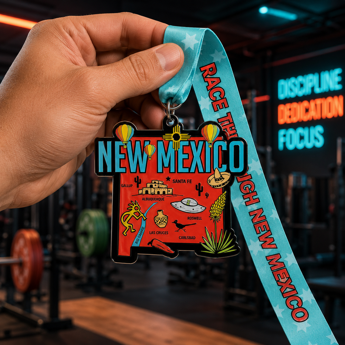 Virtualrunevent Race Through New Mexico medal featuring intricate design, held in hand against a plain background.